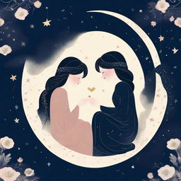 Two stylised girls are sitting and kissing on a crescent moon, surrounded by fairy lights and dark starry wallpaper