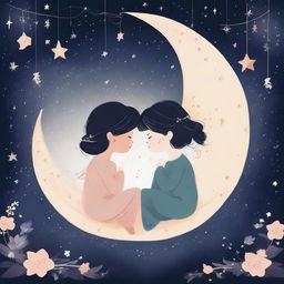 Two stylised girls are sitting and kissing on a crescent moon, surrounded by fairy lights and dark starry wallpaper