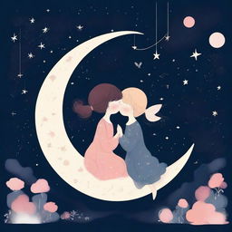 Two stylised girls are sitting and kissing on a crescent moon, surrounded by fairy lights and dark starry wallpaper