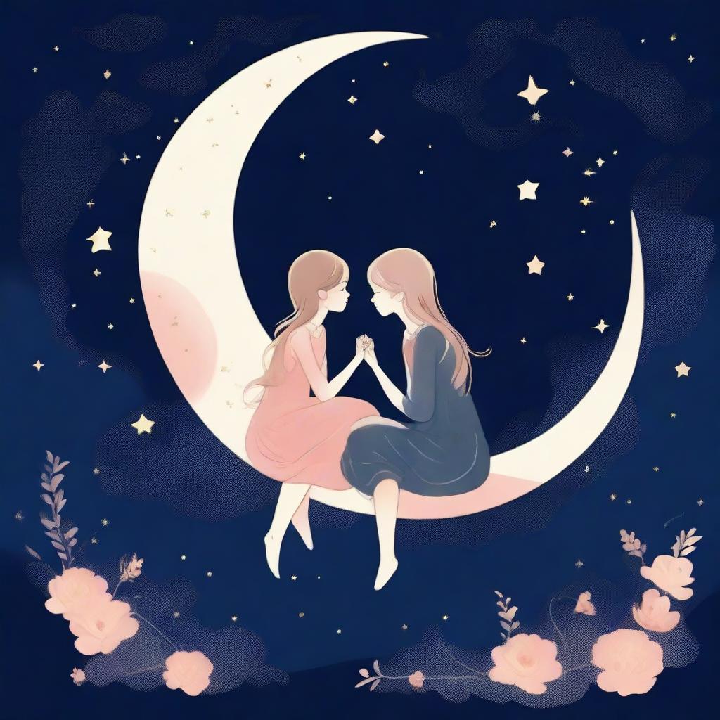 Two stylized girls in their 20s are sitting on a crescent moon, sharing a kiss