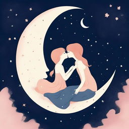 Two stylized girls in their 20s are sitting on a crescent moon, sharing a kiss