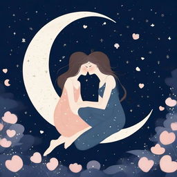 Two stylized girls in their 20s are sitting on a crescent moon, sharing a kiss