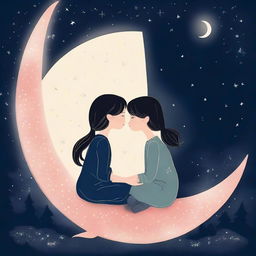 Two stylized girls in their 20s are sitting on a crescent moon, sharing a kiss