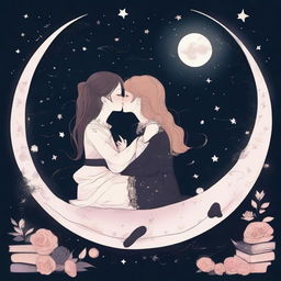 Two stylized girls in their 20s are sitting and kissing on a moon