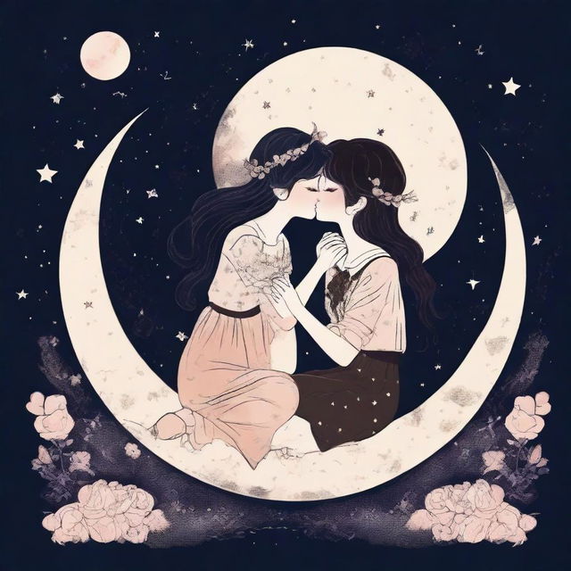 Two stylized girls in their 20s are sitting and kissing on a moon