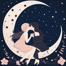 Two stylized girls in their 20s are sitting and kissing on a moon