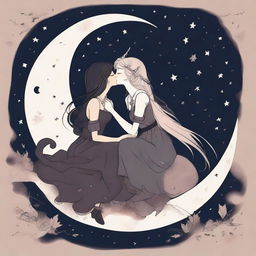 Two stylized girls in their 20s are sitting and kissing on a moon