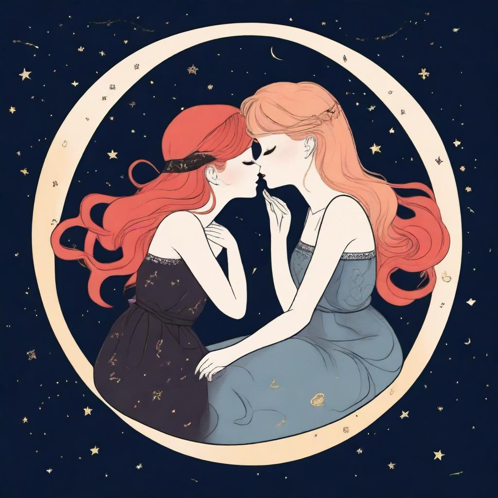 Two stylized girls in their 20s, one with red hair and the other with blonde hair, are sitting and kissing on a crescent moon