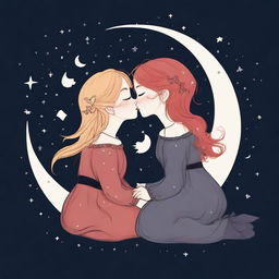 Two stylized girls in their 20s, one with red hair and the other with blonde hair, are sitting and kissing on a crescent moon