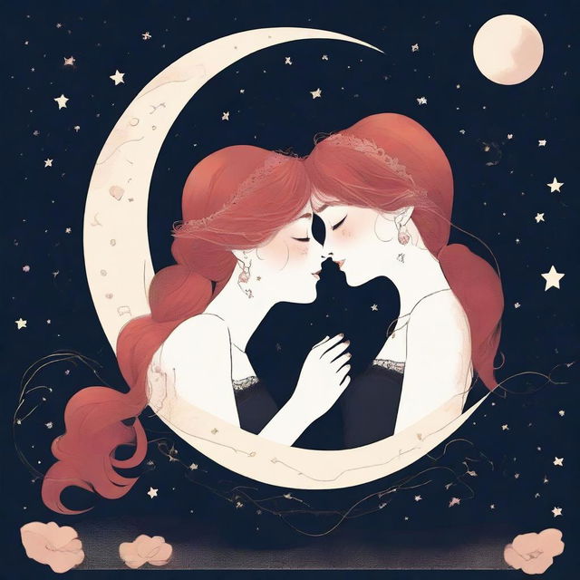 Two stylized girls in their 20s, one with red hair and the other with blonde hair, are sitting and kissing on a crescent moon