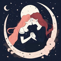 Two stylized girls in their 20s, one with red hair and the other with blonde hair, are sitting and kissing on a crescent moon