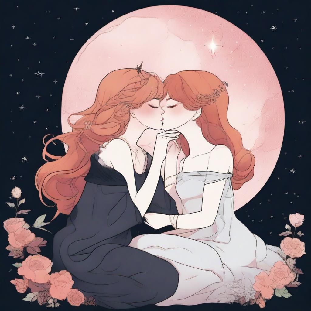 Two stylized girls, one with ginger hair and the other with blonde hair, both in their 20s, are sitting and kissing on a moon