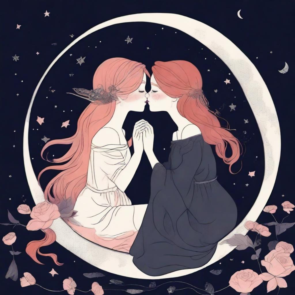 Two stylized girls, one with ginger hair and the other with blonde hair, both in their 20s, are sitting and kissing on a moon