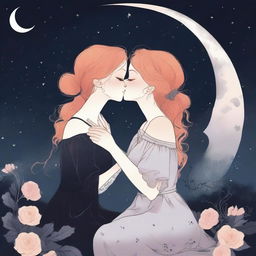 Two stylized girls, one with ginger hair and the other with blonde hair, both in their 20s, are sitting and kissing on a moon