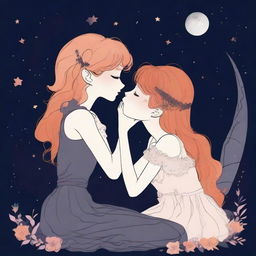 Two stylized girls, one with ginger hair and the other with blonde hair, both in their 20s, are sitting and kissing on a moon