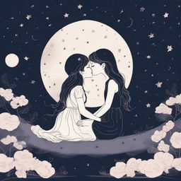 Two outline girls in their 20s are sitting and kissing on a moon, in a light dark wallpaper