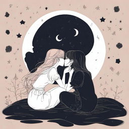 Two outline girls in their 20s are sitting and kissing on a moon, in a light dark wallpaper