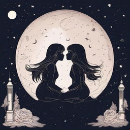 Two outline girls in their 20s are sitting and kissing on a moon, in a light dark wallpaper