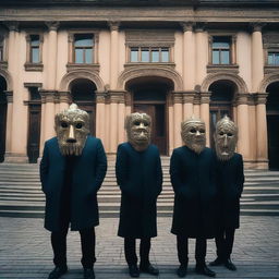 A surreal scene set in Tbilisi, Georgia, featuring people wearing various intricate masks