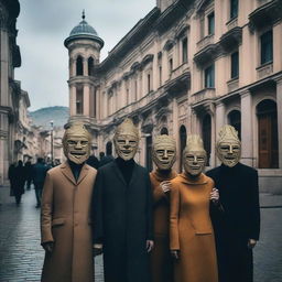 A surreal scene set in Tbilisi, Georgia, featuring people wearing various intricate masks