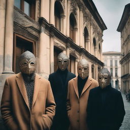 A surreal scene set in Tbilisi, Georgia, featuring people wearing various intricate masks