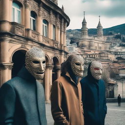 A surreal scene set in Tbilisi, Georgia, featuring people wearing various intricate masks