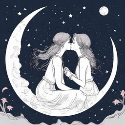 Two outline girls in their 20s are sitting and kissing on a moon