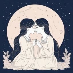 Two outline girls in their 20s are sitting and kissing on a moon