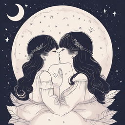 Two outline girls in their 20s are sitting and kissing on a moon