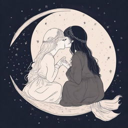 Two outline girls in their 20s are sitting and kissing on a moon