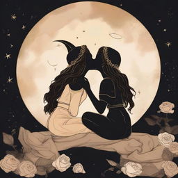 Two outline dark girls in their 20s are sitting and kissing on a moon