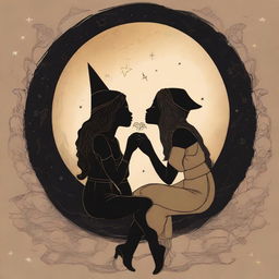 Two outline dark girls in their 20s are sitting and kissing on a moon