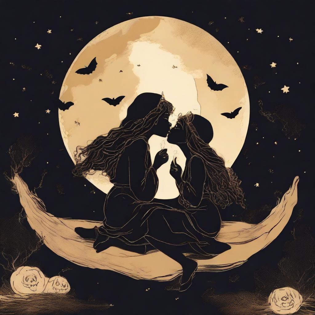 Two outline dark girls in their 20s are sitting and kissing on a moon