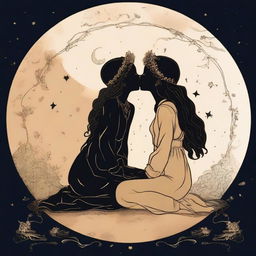 Two outline dark girls in their 20s are sitting and kissing on a moon