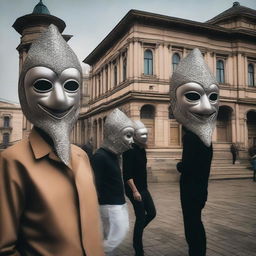 A surreal scene in Tbilisi, where people are wearing masks that represent different emotions and personalities