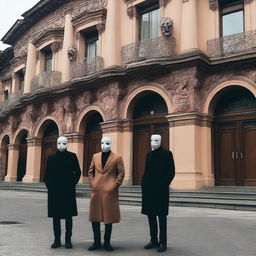 A surreal scene in Tbilisi, where people are wearing masks that represent different emotions and personalities