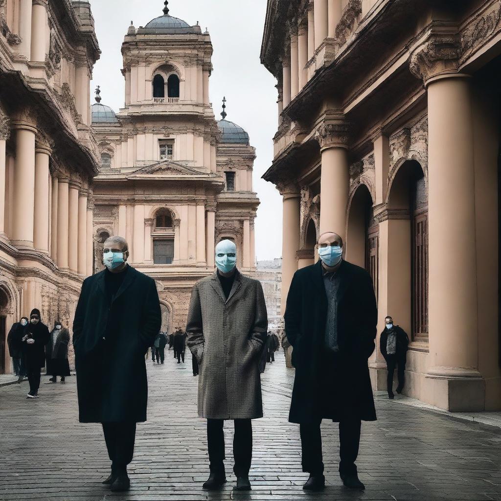 A surreal scene in Tbilisi, where people are wearing masks that represent different emotions and personalities