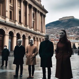 A surreal scene in Tbilisi, where people are wearing masks that represent different emotions and personalities