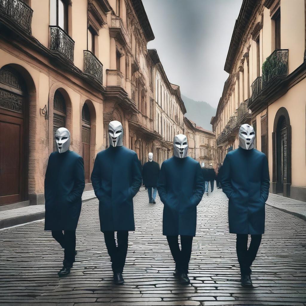 A surreal scene in Tbilisi, Georgia, featuring people wearing various masks