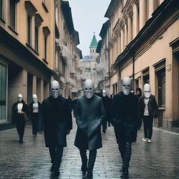 A surreal scene in Tbilisi, Georgia, featuring people wearing various masks