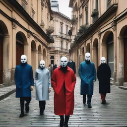 A surreal scene in Tbilisi, Georgia, featuring people wearing various masks