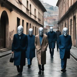 A surreal scene in Tbilisi, Georgia, featuring people wearing various masks