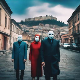 A vibrant and surreal depiction of life in Tbilisi, Georgia, where people wear masks that reflect different emotions and identities