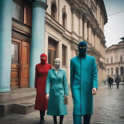 A vibrant and surreal depiction of life in Tbilisi, Georgia, where people wear masks that reflect different emotions and identities