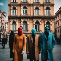 A vibrant and surreal depiction of life in Tbilisi, Georgia, where people wear masks that reflect different emotions and identities