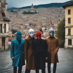 A vibrant and surreal depiction of life in Tbilisi, Georgia, where people wear masks that reflect different emotions and identities