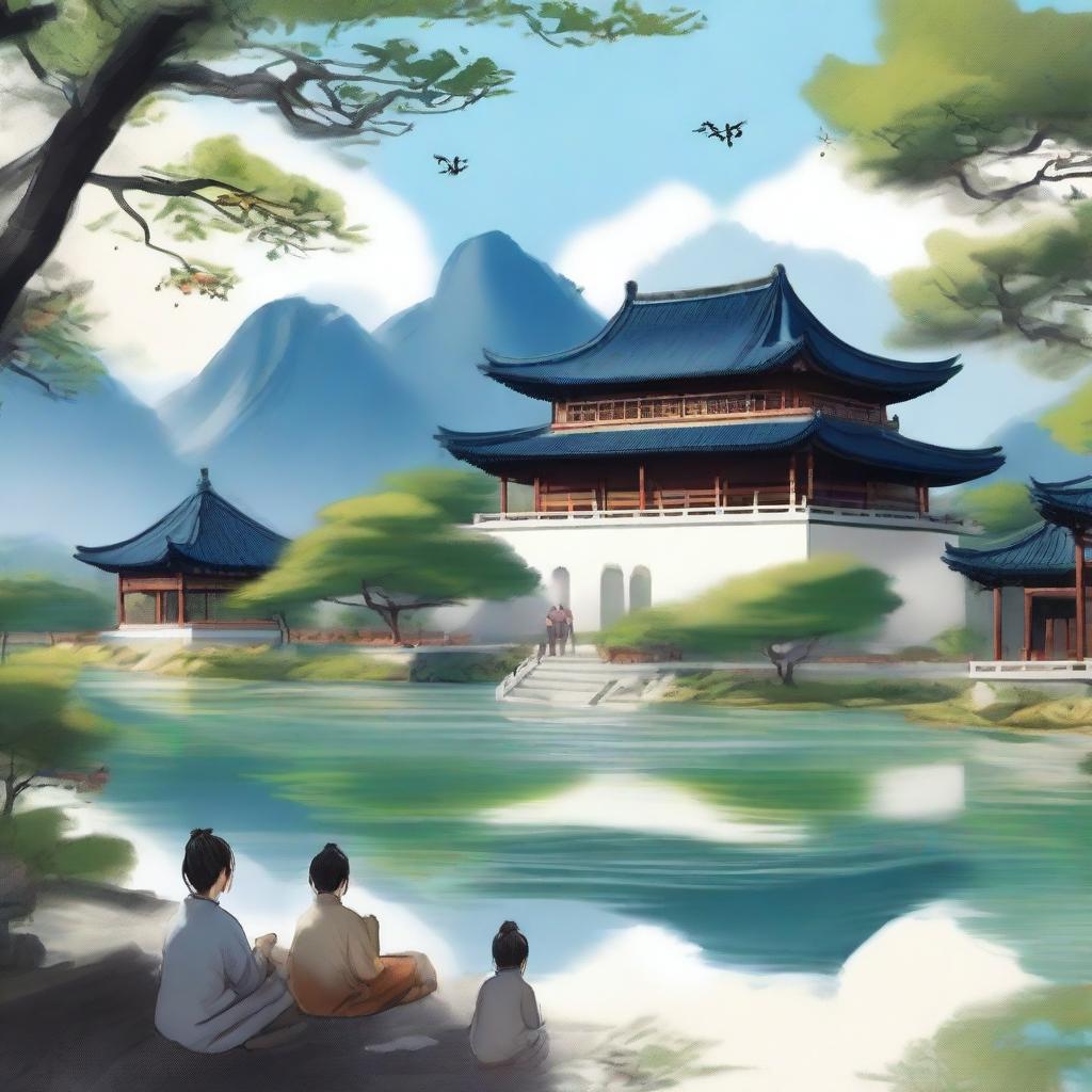 A serene and picturesque academy named '吉祥书院' (Auspicious Academy) set in a traditional Chinese landscape