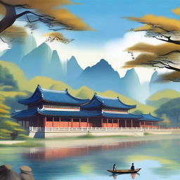 A serene and picturesque academy named '吉祥书院' (Auspicious Academy) set in a traditional Chinese landscape