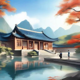 A serene and picturesque academy named '吉祥书院' (Auspicious Academy) set in a traditional Chinese landscape