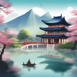 A serene and picturesque academy named '吉祥书院' (Auspicious Academy) set in a traditional Chinese landscape